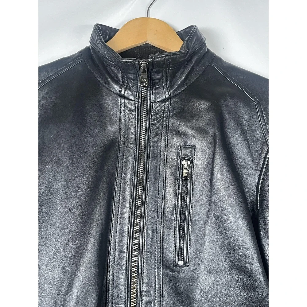 Michael Kors Leather Jacket Mens Medium Black Moto Full Zip Zipper Pockets